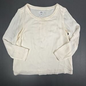 Vineyard Vines Women 10 Hemstitch 100% Silk Cream Blouse Lined Academia Pleat EC